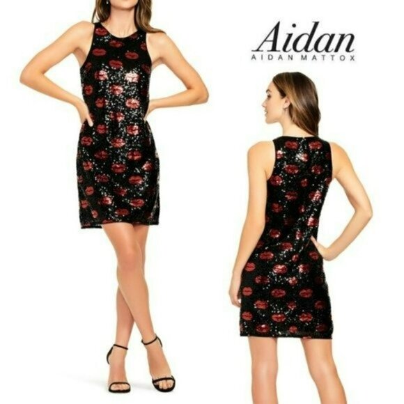 NWT Aidan by Aidan Mattox Lip Sequin Sparkling Shift Party Cocktail Mini Dress - Picture 1 of 7